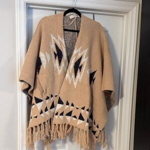 Cozy Aztec Fringe Poncho Sweater - Beige